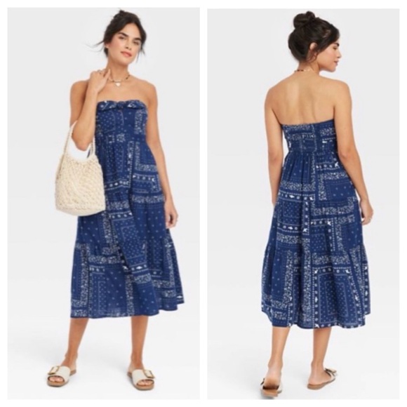 Universal Thread bandana print strapless midi dress blue white vacation small - Picture 2 of 16